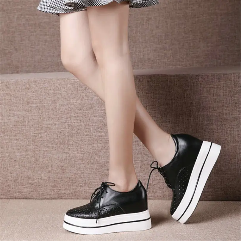 

NAYIDUYUN Black White Women Shoes Cow Leather Wedge Platform High Heel Punk Party Pumps Round Toe Breathable Oxfords Shoes