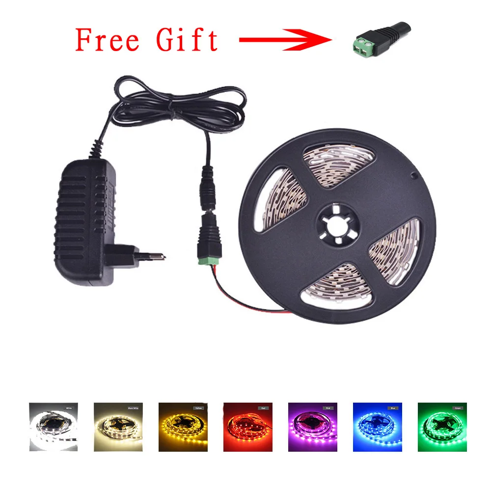 

5M 12 V Strip LED Light SMD 2835 RGB Warm White Not Waterproof 60Led/m + Power Adapter 12V 1A Supply US EU Plug Led Strip Set
