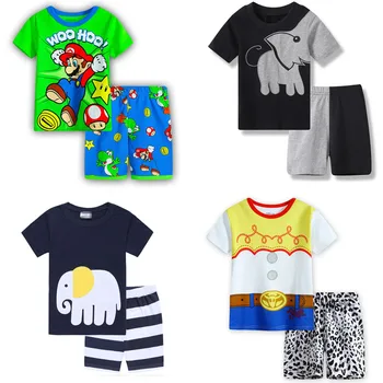

Kids Super Mario Bros Pajamas Sets Elephant Cotton Summer Short Sleeves T shirt + Pants Boys Girls Children Casual Sets SA1396