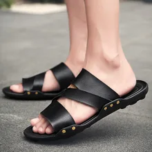 Для мужчин тапочки Новое поступление Летние кожаные шлепанцы Для мужчин пляжные шлепанцы без задника с открытыми пальцами; модная мягкая обувь на нескользящей подошве; Повседневное мужская обувь, сандали