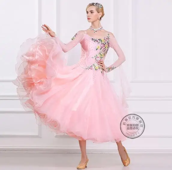 

customize rhinestone light pink long sleeve Fox trot Waltz tango salsa competition ballroom dance dress