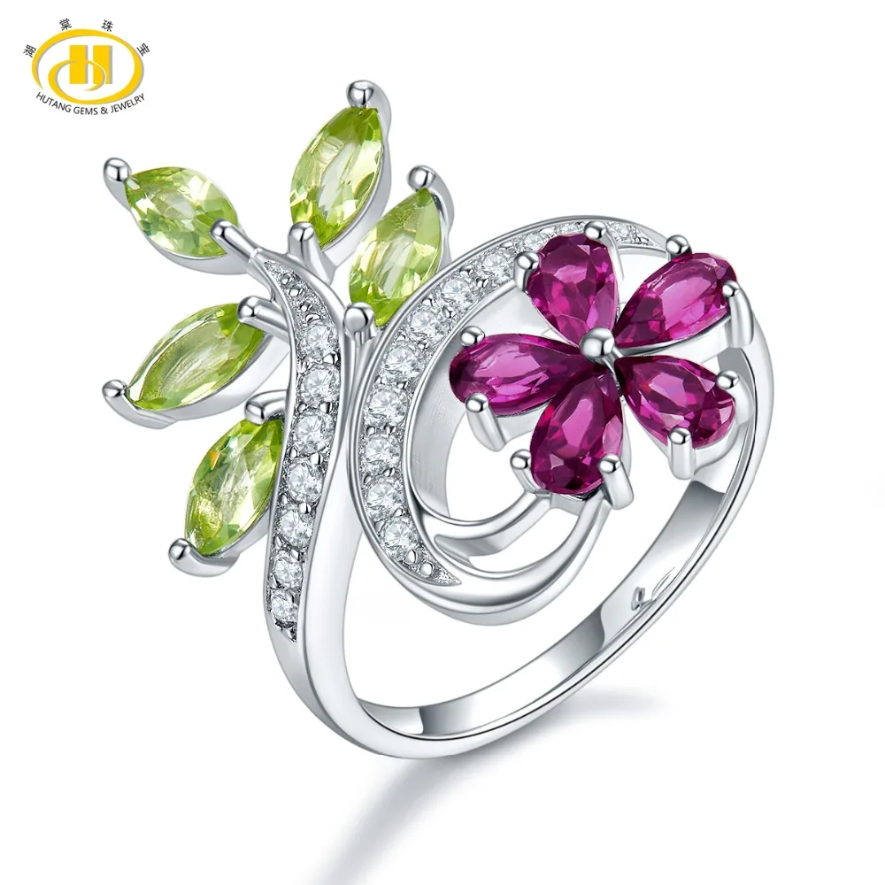 

Hutang Natural Rhodolite Garnet Peridot Gemstone Ring S925 Sterling Silver Flower Rings for Women Gift Fine Jewelry 2018 New