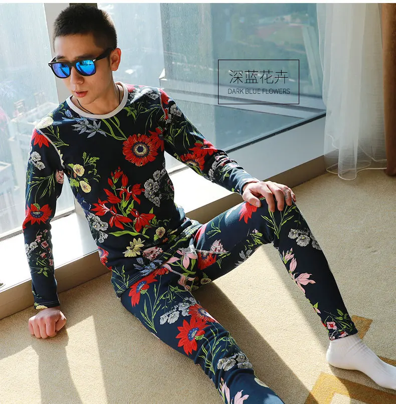 

2017 Warm Fleece long johns set men printed winter mens thermal underwear sexy slim fit home lounge wear man thermo sleepwear