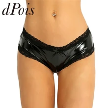 Пикантное женское нижнее белье влажный вид лакированная кожа нижнее кружевное белье край открытый промежность V-Back выдалбливают мини-трусы девушка