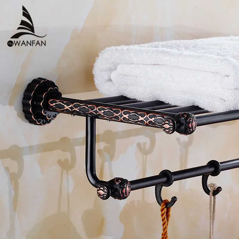 

Bathroom Shelves 5 Towel Hooks Brass 2 Tier Rails Towel Bars Wall Shelf Bath Hangers Bathroom Accessories Towel Holder FE-8601