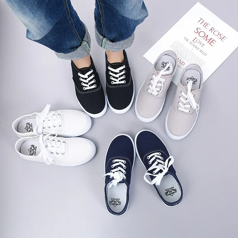 

35-43 Big Size Shoe For Women Sneakers Lace Up Canvas Shoes Woman Flats White Shoes Black Sneaker Casual Shoes Student Ladies