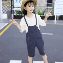 Для маленьких девочек, джинсовые комбинезоны, шорты летние Новые Детские's Однотонные джинсы для девочек-подростков; детские свободные комбинезон в ковбойском стиле Короткие штаны Y903