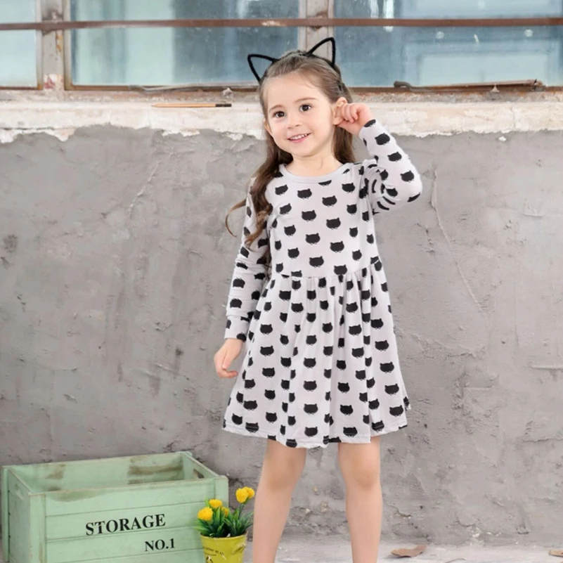 Toddler Girl Fall Dresses 2019 New Brand Infants Dress Kids Girl Print Cat Dress Regular Long