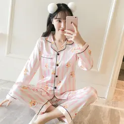 Осень 2018 г. для женщин пижамный комплект хлопок удобный мультфильм печати плюс размеры 3XL пижамы розовый в полоску пижамы повседневное