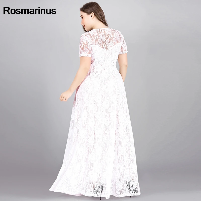 

6XL Plus Size Party Dress Women Summer Short Sleeve Lace Hollow Out Sexy Evening Party Dress Maxi Long White Black Lace Dresses