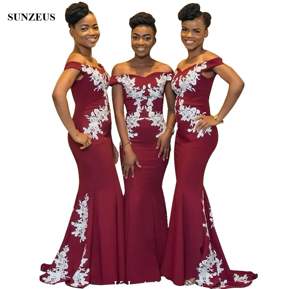 2018 New Mermaid Burgundy Bridesmaid Dresses With White Liques 2018 New Mermaid Burgundy Bridesmaid Dresses With White Liques Off Shoulder Long Women Party Gowns African Wedding