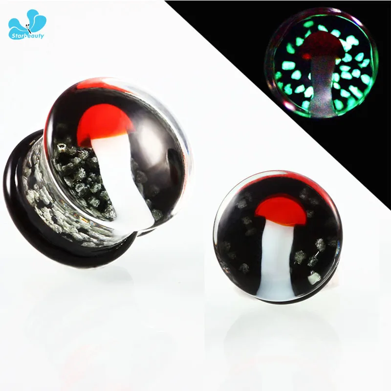 New Brand 1pair Mangic Luminous Mushroom Glass Ear Plugs Tunnels Gauge