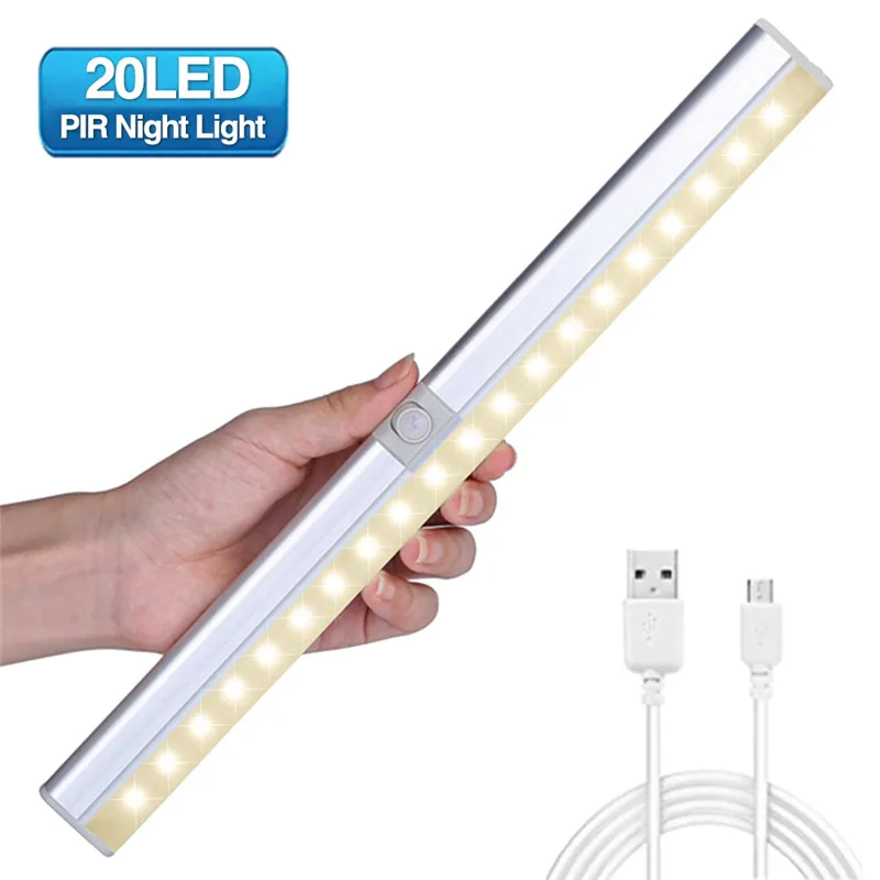 CLAITE المحمولة 20 LED USB مصباح قابل لإعادة الشحن الاستشعار و البير Mtion حجرة خزانة ضوء الليل مصباح للمطبخ الدرج خزانة