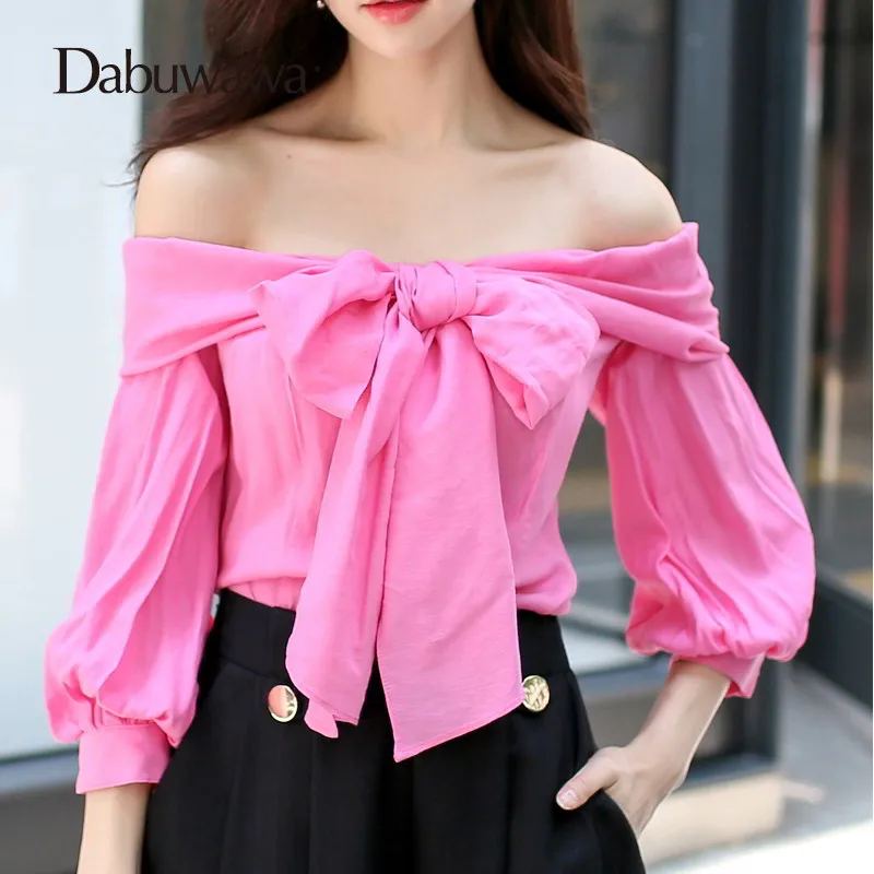 

Dabuwawa New Spring/Autumn Long Sleeve Bow Blouses Women Blue/Pink Ruffles Off Shoulder Elegant Blouse Tops D17AST018