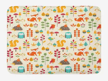 

Children Bath Mat Cute Kids Autumn Pattern Owl Fox Squirrel Birds Animal Leaves Artsy Print Plush Bathroom Mat