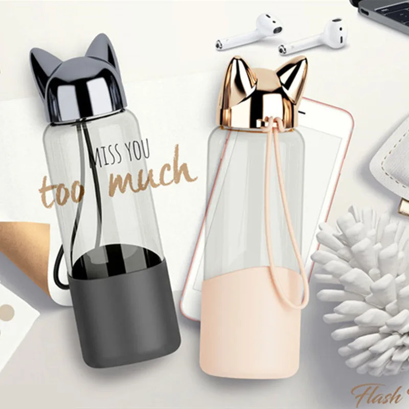 

350 ML Creative Flash Fox Water Bottle with Rope Cute Cartoon Portable Outdoor Women Glass Drinking Bottles Insulation Cover