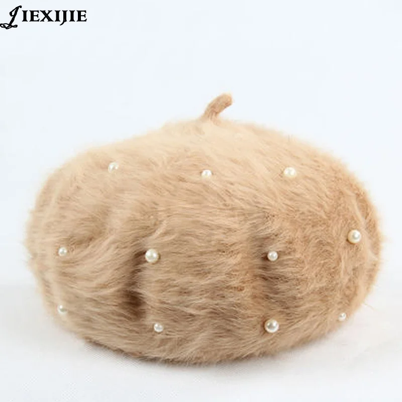 

Fashion Sweet Thickened Soft Acrylic Rabbit Fur Beanie Bonnets with Pearls for girls Beret hat