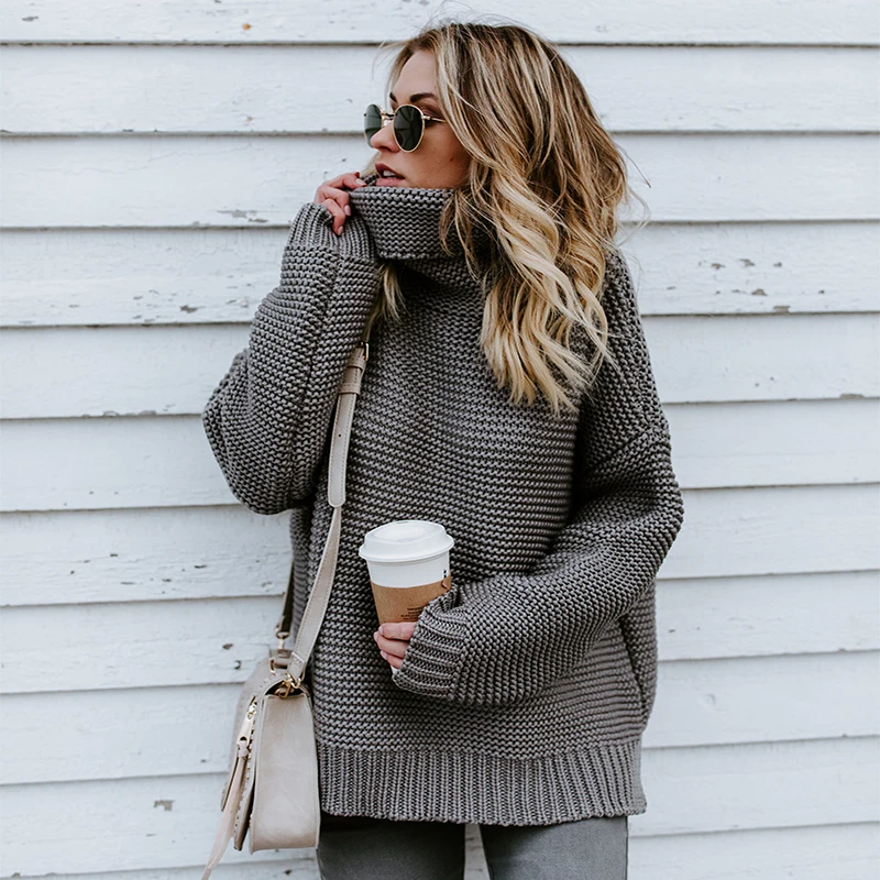 JAPPKBH Winter Sweater Women Fashion Casual Solid Turtleneck Sweater Warm Vintage Loose Long Sleeve Knitted Pullover Sweaters