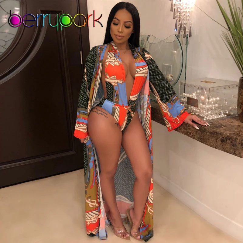 

BerryPark Bohemian Womens 2 Piece Sets 2019 Full Sleeve X-Long Outwears and Halter Bodysuits Beach Set Bathing Suit Wholesale