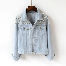 Весенне-осеннее женское базовое пальто, женская джинсовая куртка с жемчужинами и бусинами, модное джинсовое пальто, повседневные куртки с длинным рукавом 1846