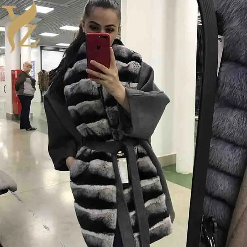 

2018 Fashion Women Jackets With Real Fur Nature Chinchilla Rex Rabbit Collar Warm Woollen Coats Female Fur Coat Winter Tops