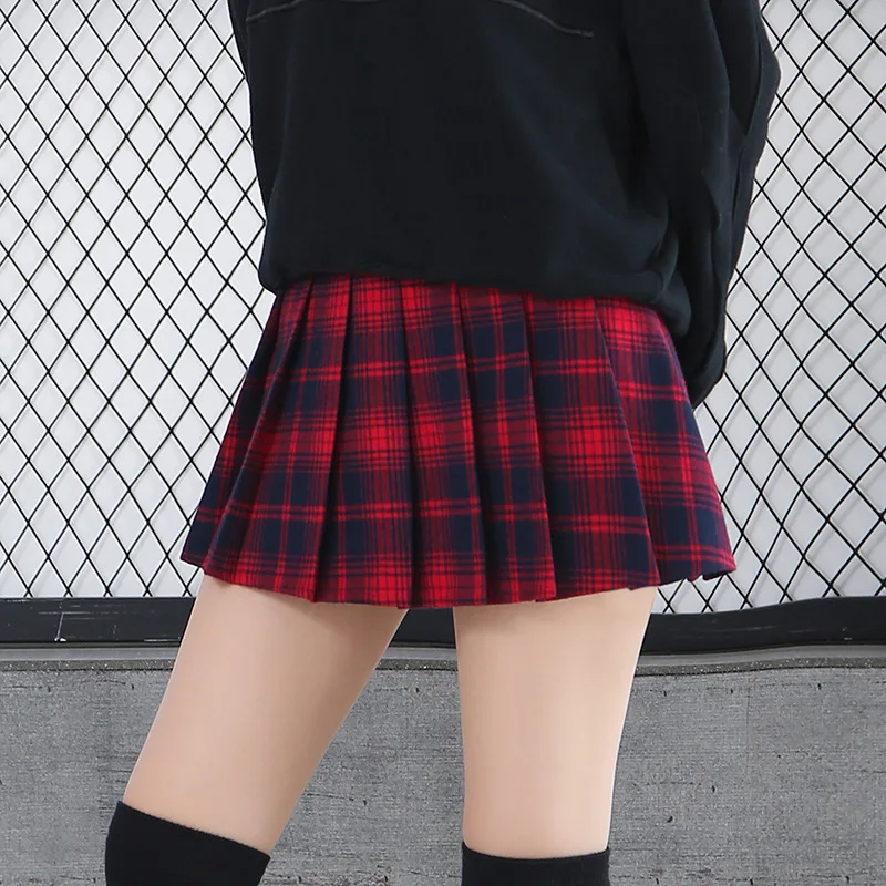 

Fashion Women's England Elastic High Waist Tartan Pleated Skirt Autumn Winter Slim Mini Skirt Red School Uniform A-Line Skirts