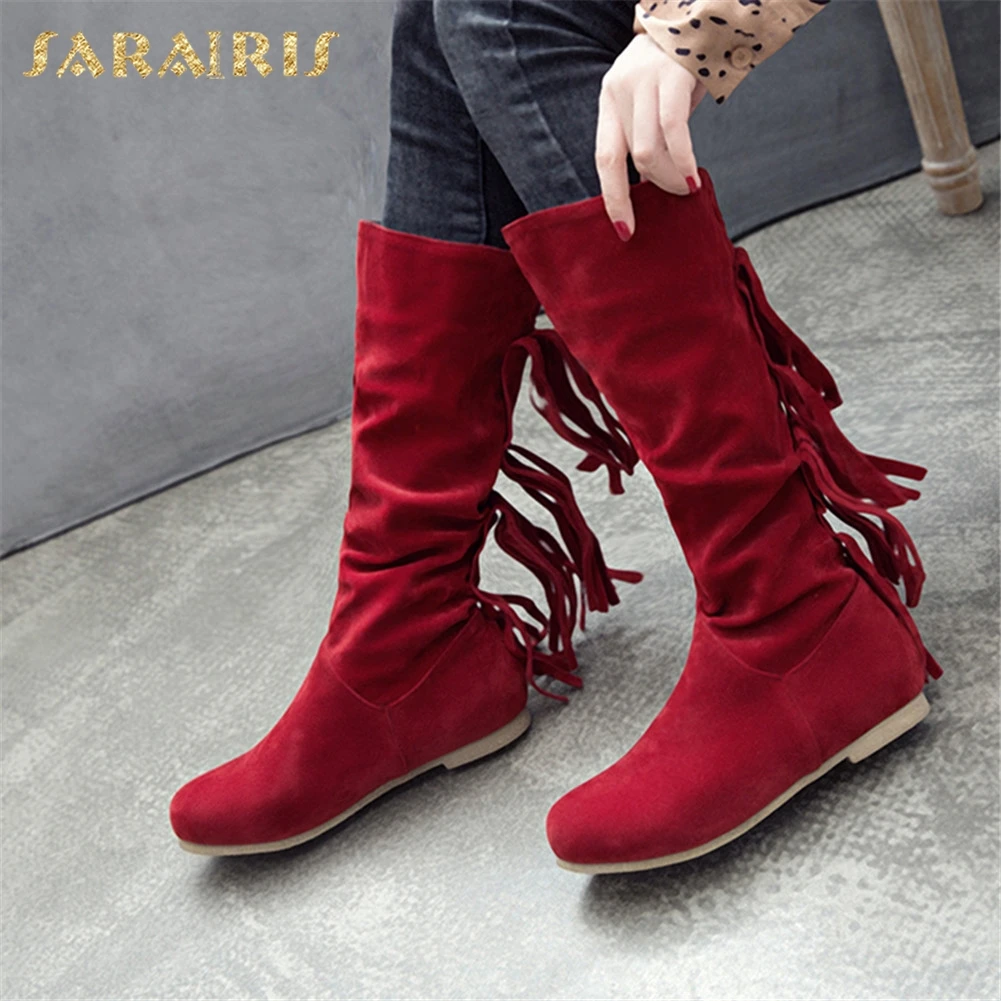 

Sarairis New Plus Size 32-50 Flat With Mid Calf Boots Solid Fringe Women Shoes Woman Casual Party Autumn Winter Boots Female