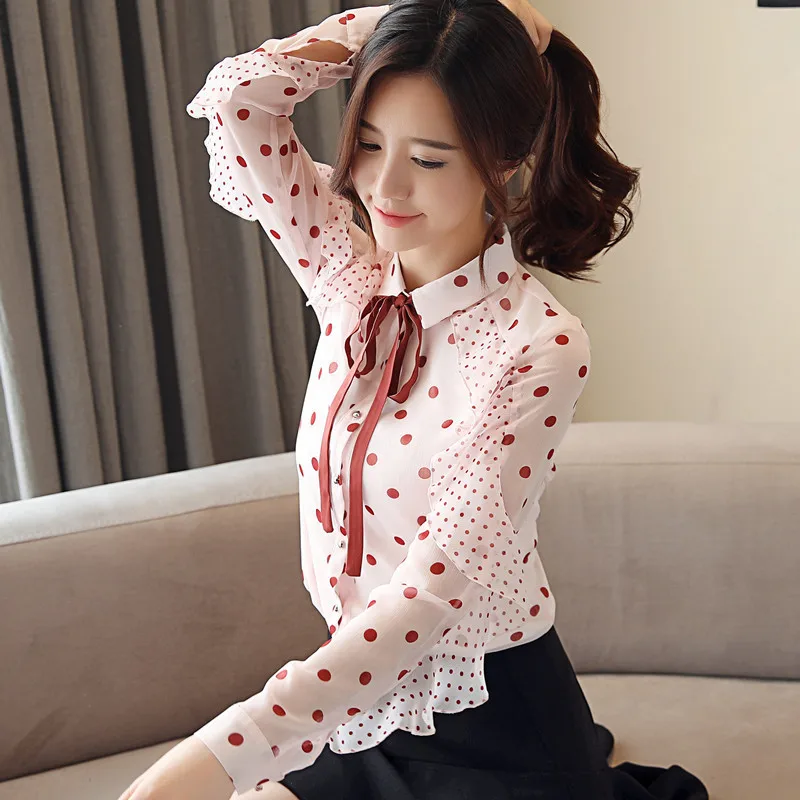

2019 Spring New Arrival Korean Fashion & Elegant Tie Neck Blouses Dot Print Ruffles Sleeve Chiffon Blouse With Bow Free Shipping
