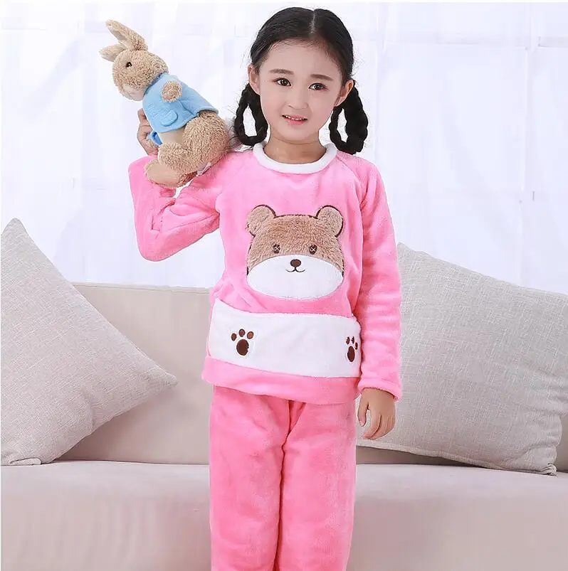 

Girls Pajamas Warm Thicken Autumn Winter Flannel Pijamas Mujer Children coral fleece cartoon Pajamas for Kids Homewear D1182