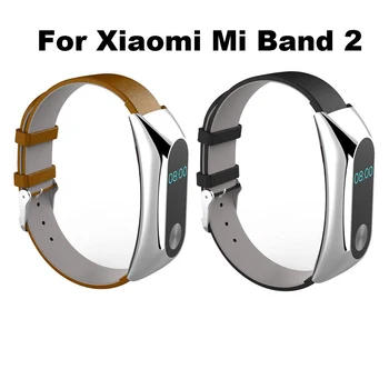 

2 colors amzdeal Replacement Wrist Strap Belt Leather Strap + Metal Frame Wristband Replace Accessories for Xiaomi Mi Band 2