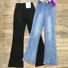 Новинка, модные женские джинсовые брюки с высокой талией, брюки-клеш, женские повседневные синие/черные эластичные облегающие длинные брюки