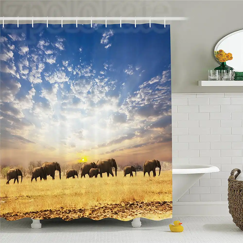 Download Safari Elephants African Wild Animals Golden Colored Desert At Sunrise Scenery Picture Polyester Bathroom Shower Curtain Set Wit Shower Curtains Aliexpress