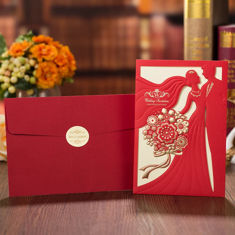 25 шт. красная Золотая лазерная резка свадебные пригласительные открытки милые открытки жениха и невесты Заказные конверты принадлежности для свадебной вечеринки