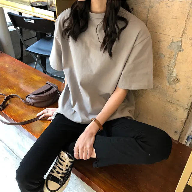 Alien Kitty 2021 New Summer T Shirt Women Soft Free Loose Hot Sale Solid Fresh Casual Natural Short Basic Shirts 9 Colors O-Neck Dark Grey