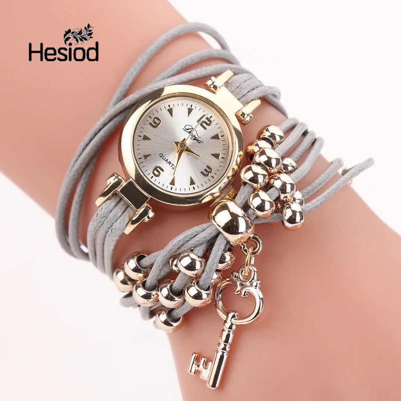 

Hesiod Luxury Watches Women Popular Quartz Gold Beads Key Pendant Leather Bracelet Watch Female Ladies Dress Wristwath