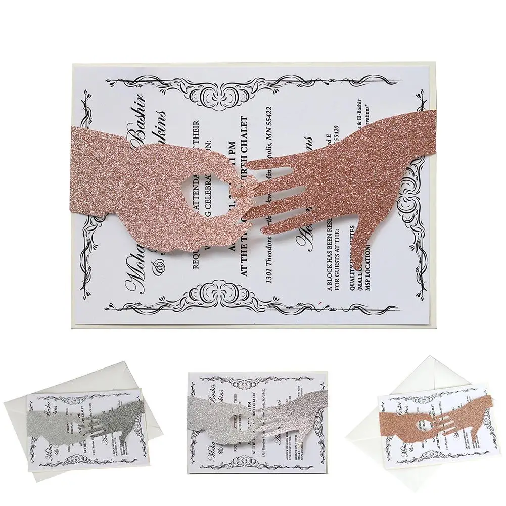  10pcs Wedding Invitations Wholesale Glitter Hand In Hand Design Laser Cut Cards Custom Lace Invite  - 33034983716
