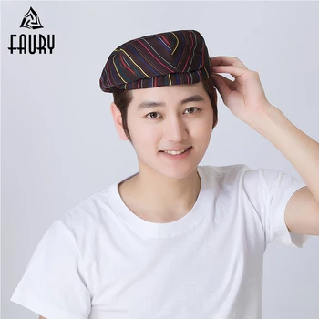 

Chef Work Hat Food Service Striped Casual Breathable Hat Bakery Canteen Catering Waiter Uniforms Accessories Forward Cap