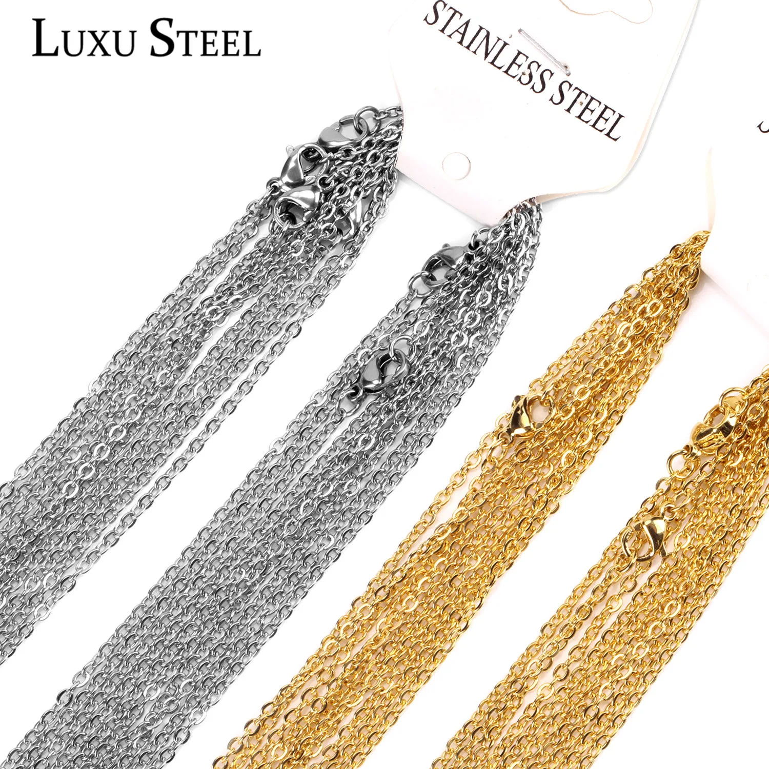 LUXUSTEEL Stainless Steel Chains 10pcs/lot 2mm/1mm Rolo Link Cuban Chain Long Necklace Pendants DIY Jewelry Party Wholesale