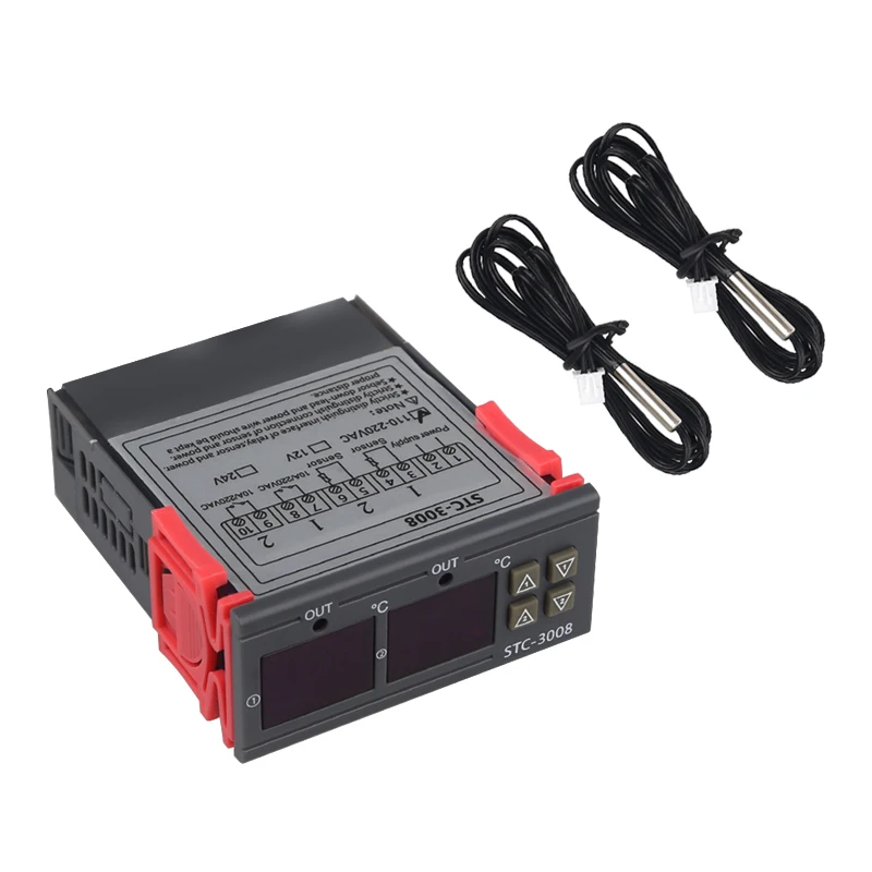 Dual Digital Temperature Controller Two Relay Output Thermostat Thermoregulator 10A Heating Cooling STC-3008 12V 24V 220V