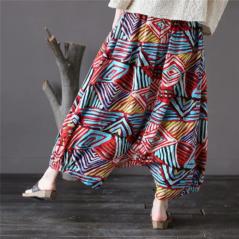 

Bohemian Ethnic Summer Retro Geometric Stripe Patchwork Trousers Harlan Pants Hip Pop Women's Loose Plus Size Hippie Cross-pants