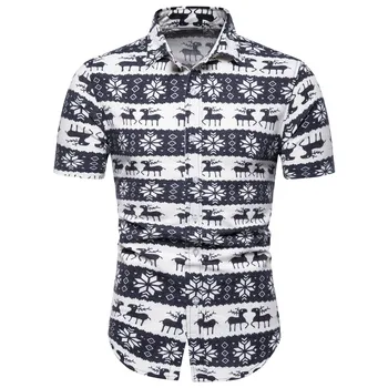 

Funny Deer Printed Linen Shirt Ethnic Style Male Floral Blusa Short Sleeve Turn-down Collar Tops Dinner Wear Men Shirts Big Size