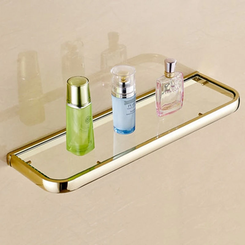 Modern Wall Mounted Golden And Glass Bathroom Shower Commodity Shelf Holderin Bathroom Shelves