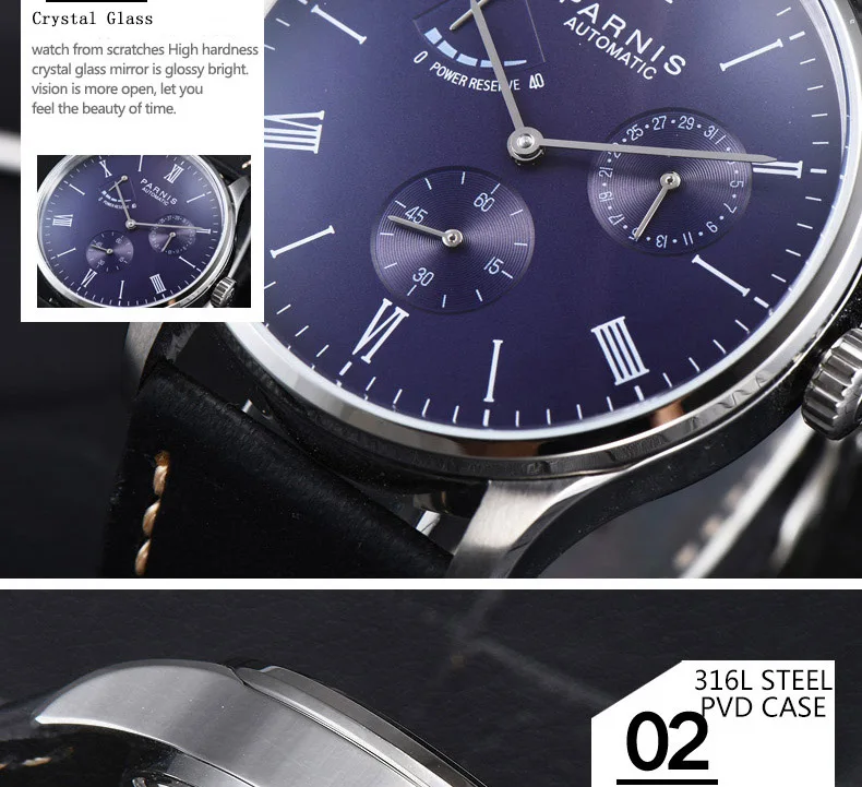 Novo parnis 41.5mm relógio mecânico automático dos