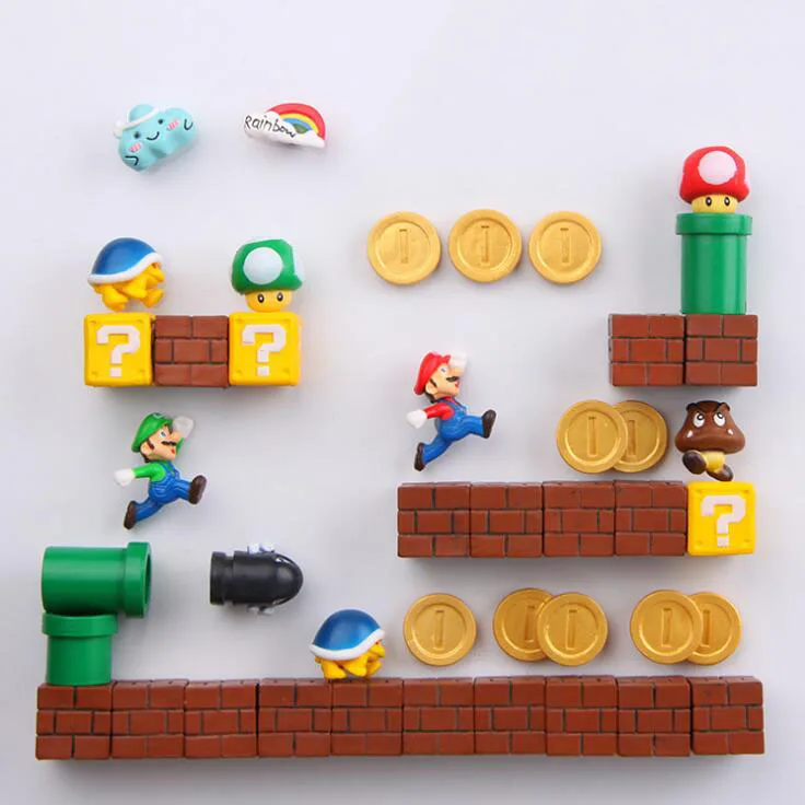 1 Set Mini Super Mario Fridge Magnets Toys Mario Bros Figurine Figura Magnetive Stickers Toys Mario Question Brick Metal Magnets
