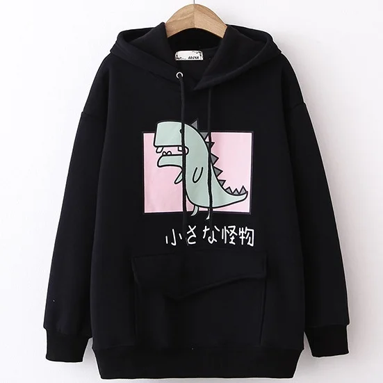 

Winter New Japan Women Harajuku Hooded Monster Dinosaur Velvet Hoodie Female Long Sleeve Fleece Pullover Sweatshirts Pull Femme