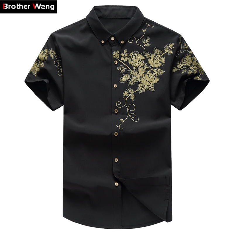 Летняя мужская рубашка модная с цветочным принтом Мужская Повседневная рубашка с коротким рукавом большой размер брендовая мужская одежда 5XL 6XL - Цвет: Черный