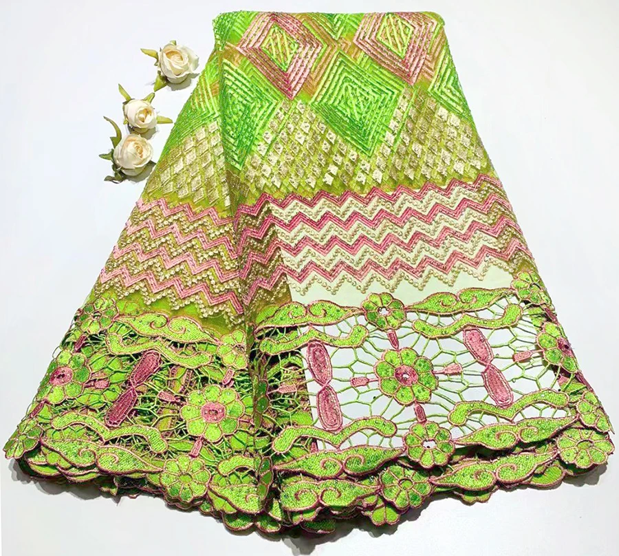 

2019 Newest Styles Green And pink Embroidery African Guipure Lace Fabric High Quality French Mesh lace fabric with Stones