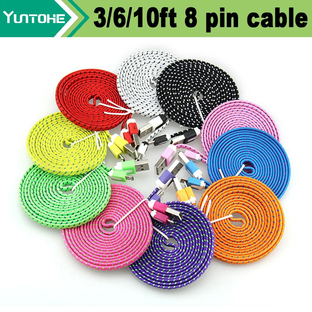 

Wholesale 1m 2M 3m Flat Noodle Fabric Braided Nylon Woven 8 PIN USB Data Charger Cable for iPhone 8 7 6 plus 5 IOS 10 100pcs/lot