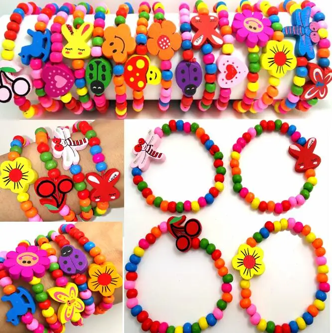 

Bulk lots 500PCS Natural Wood Beads Girls Bracelets Multi Styles Mix Colorful Children Elastic Cute Smart Wooden Wrsitbands Gift