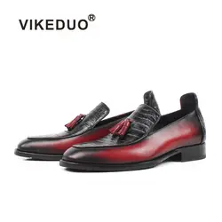 VIKEDUO летние мужские лоферы красный натуральной крокодиловой кожи Sapatos кисточкой ручной работы zapatos hombre плюс размеры Мужская обувь